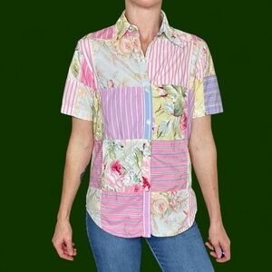 Vintage Ralph Lauren Colorful Floral Stripe Patchwork Button Down Shirt